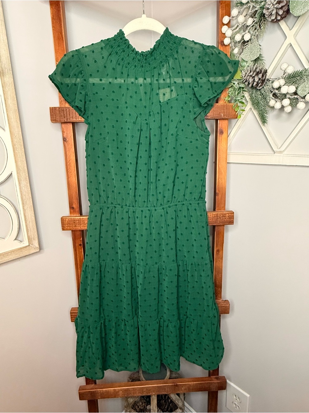 Monteau Forest Green Swiss Dot Tiered Midi Dress - Picture 2 of 7